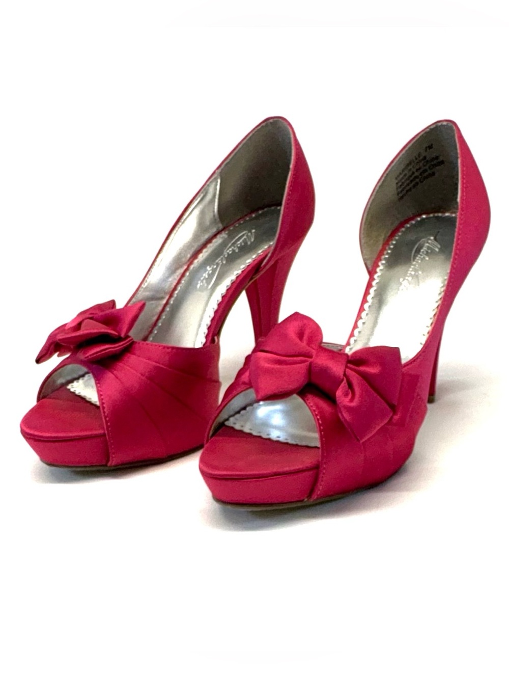 Michelangelo Maribelle Pink Satin D'Orsay Bow Peep Toe Platform Heels 7